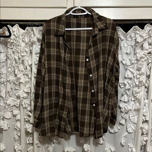 SHEIN Brown Plaid Button Down Shirt